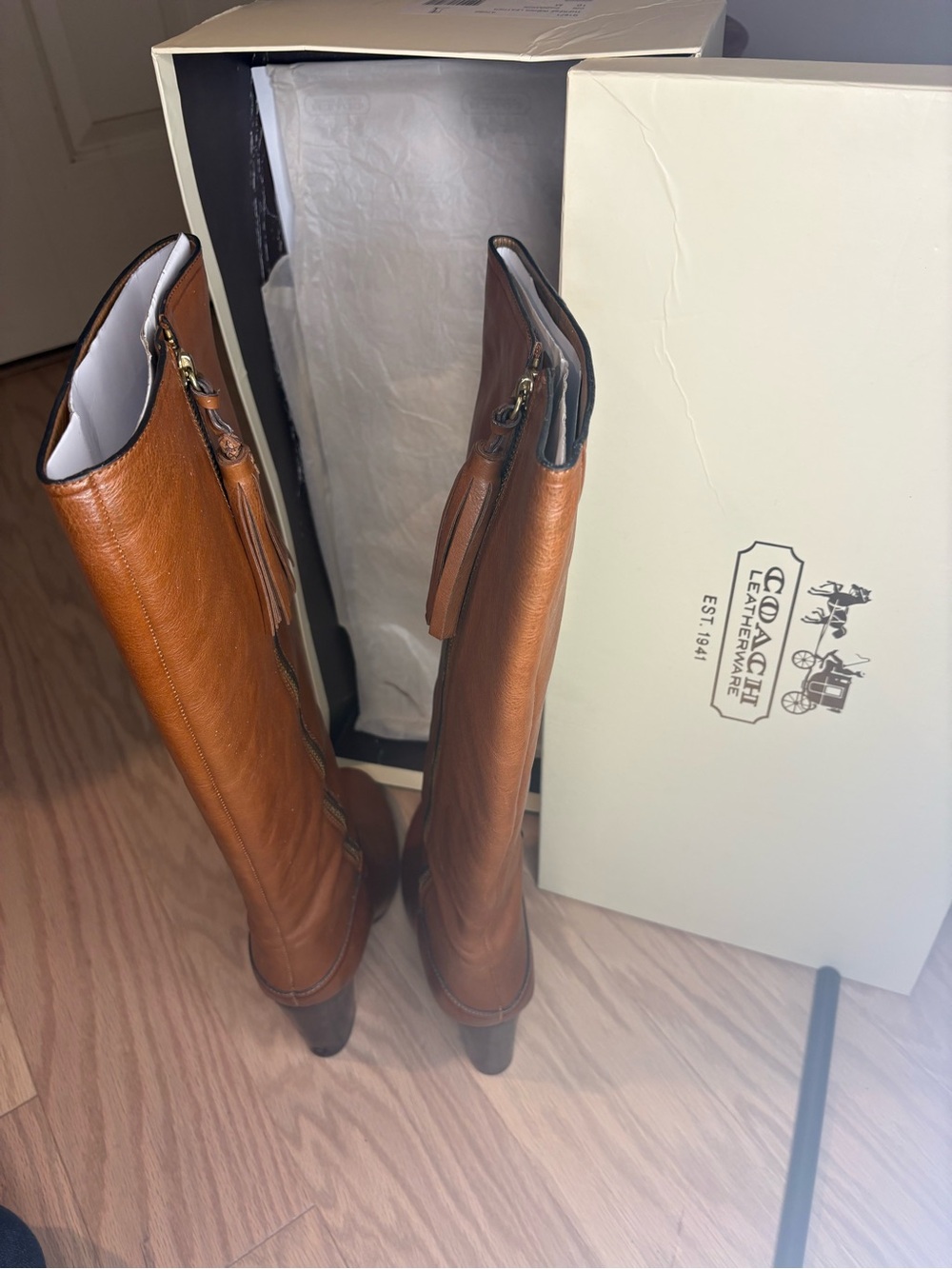 Coach Cognac Leather Knee-High Tassel Zip Boots - Picture 5 of 10